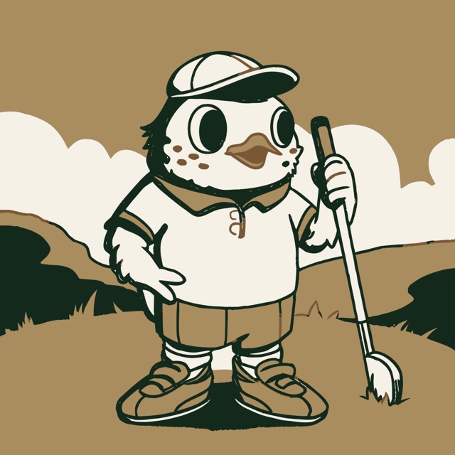 Wren, the WrenHouse Golf mascot, in a cap holding a club